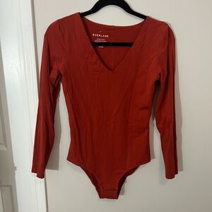 Everlane Red Supima Cotton Blend Double lined Long Sleeve Bodysuit,medium